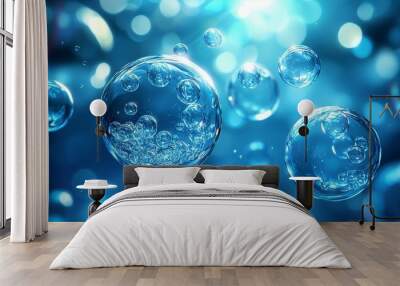 Futuristic bubble background with a blue color, bubbles floating in the air,... Wall mural