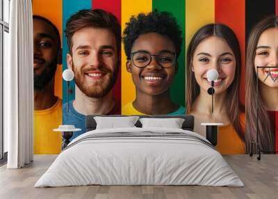 Portraits of diverse young people against vibrant rainbow backgrounds Wall mural