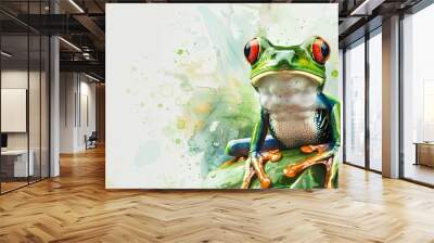 Watercolor Frog with Green and Red Accents in a Natural Setting Wall mural