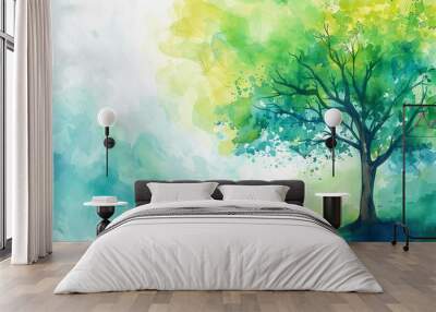 Watercolor illustration of a tree with bright green leaves and soft sky background Wall mural