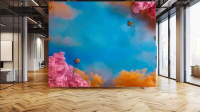 Whimsical fantasy landscape with floating pink and blue elements. Wall mural