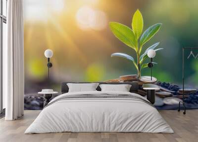 A green plant growing from a pile of coins with a crisp, bright background, representing the concept of financial investment and saving Wall mural