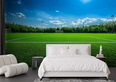 A vibrant soccer field with lush green grass, goalposts, and a serene background of a bright blue sky Wall mural