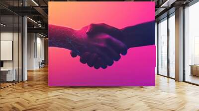 A virtual handshake with a vibrant gradation light color backdrop, highlighting digital collaboration and modern professional networking Wall mural