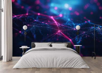 Abstract technology network with vibrant, glowing connections in a dark digital space Wall mural