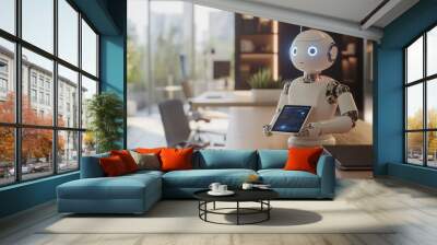 AI robot using a tablet to coordinate smart devices, elegant and modern office setting Wall mural