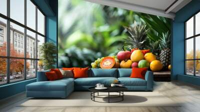 An assortment of organic tropical fruits on a wooden table with a background of greenery Wall mural