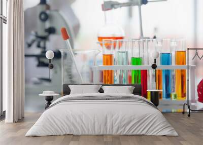 Assorted laboratory glassware equipment ready for an experiment in a science research lab Wall mural