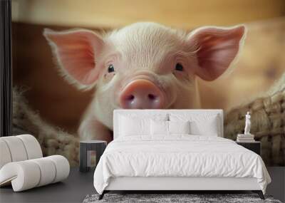 Close-up of a newborn piglet exploring its nursery pen under watchful farm supervision Wall mural