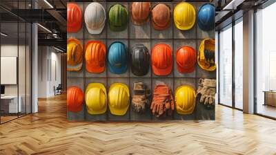 Collection of construction safety gear such as hard hats, gloves, and safety vests neatly arranged Wall mural