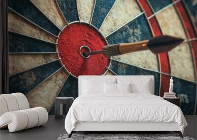 Detailed dartboard with a dart embedded in the target center, illustrating successful business goals Wall mural