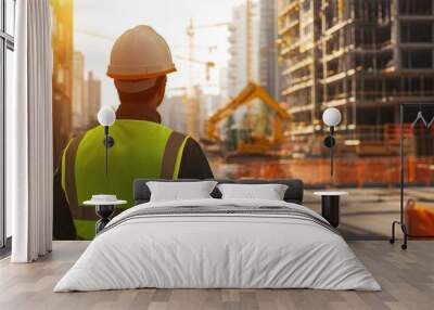 Engineer in a hard hat and reflective vest, supervising the construction of a building with safety barriers and machinery visible Wall mural