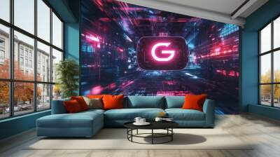 Exploring the futuristic landscape of digital technology with a bold g icon in a vibrant neon environment Wall mural