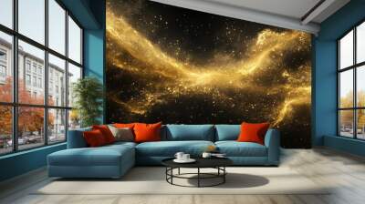 Flow of golden dust drifting in a deep black space, creating an ethereal and captivating visual display Wall mural