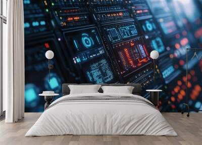 Futuristic data center interface with advanced technology visuals and neon accents Wall mural