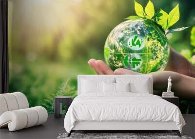 Hands gently holding a globe with green energy icons, surrounded by fresh, green foliage Wall mural