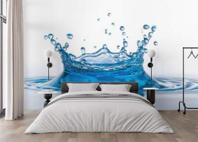 Isolated blue water splash on a clean white background, capturing the vibrant movement and detailed droplets of the splash Wall mural