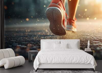 Realistic close-up of a runner's shoes hitting the pavement, showcasing high detail in texture and movement Wall mural