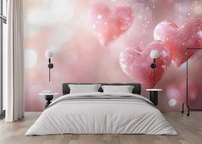 Romantic soft pink background with floating heart shapes and a touch of sparkle, perfect for a Valentine Day template Wall mural