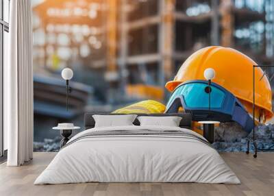 Safety gear on construction site hard hat and protective glasses ready for work Wall mural