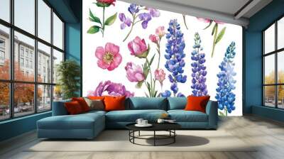 Vibrant watercolor floral arrangement featuring peonies lupines and other blooming flowers in soft pastel colors Wall mural