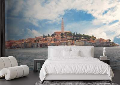 Rovinj, Croatia. Sunset over old town in Istria with Adriatic sea and orange blue sky Wall mural