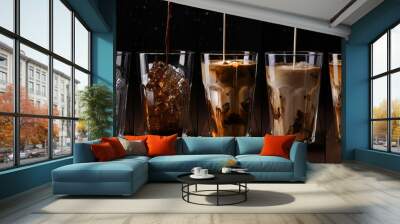 Coffee collage. Set with different stages of Iced coffee with milk in tall glass on dark background. Milk pouring into glass with ice cube and coffee.Van be used as Menu, recipe, banner, poster Wall mural