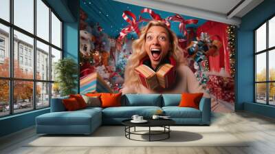 Crazy funny Christmas Party. A happy blonde woman agains Christmas decorated room with flying presents and ribbons. Wall mural