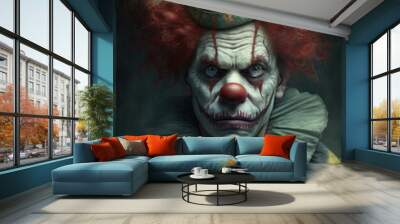 Portrait of mad clown. Adult male with scary painted face. Wall mural