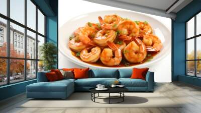 Succulent grilled shrimp beautifully garnished with parsley, served on a white plate with savory sauce. Wall mural