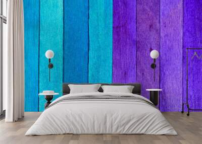 Two-tones Wooden textured background. Colored Wooden Planks in Blue and Purple arranged vertically and divided into two parts by colors. Wall mural