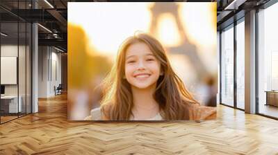 a teenage happy indonesian girl standing in front of eiffel tower Wall mural