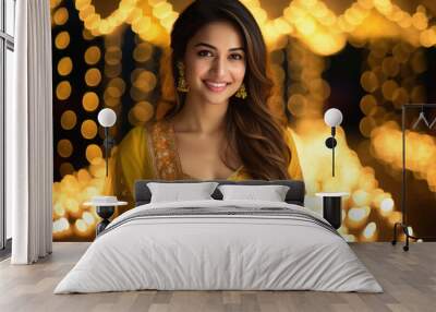 Beautiful indian woman smiling on blur light background Wall mural