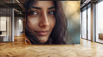 Beautiful indian woman smiling on nature background Wall mural