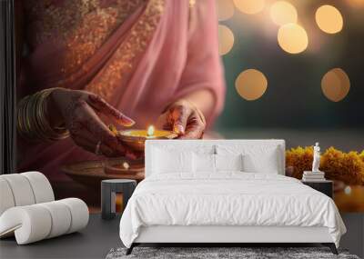 close up of young indian woman holding oil lamp on diwali festival Wall mural