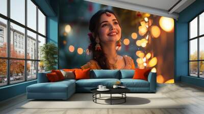 happy beautiful indian woman in saree dress on diwali lights background Wall mural