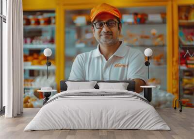 happy indian man standing at sweet shop Wall mural