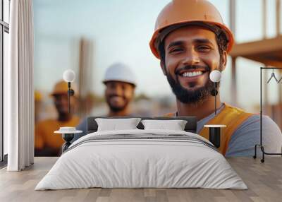 Happy of bangladesh team worker working at driving construction site. Man smiling with workers in construction industry. Wall mural