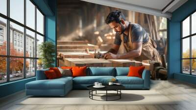 Indian carpenter working at his shop or factory Wall mural