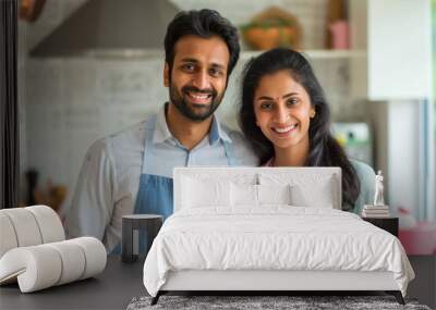 indian couple both are wearing apron and giving happy expression Wall mural