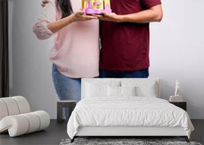 Indian couple holding home toy in hand on white background. Wall mural