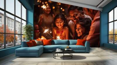 indian family playing with sparklers celebrating diwali Wall mural