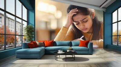 indian junior high school girl with one hand propped up on her head is full of pain as she writes her homework at her desk Wall mural