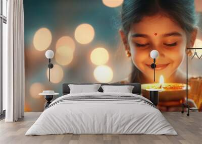 indian little girl holding diya or oil lamp on diwali festival Wall mural