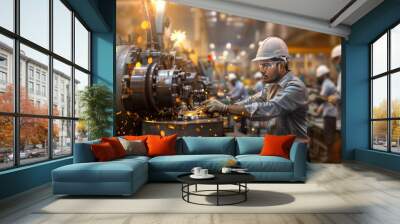 Indian male factory worker in safety glasses and a white hard hat is operating an industrial machine Wall mural