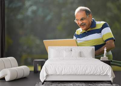 Indian senior man using laptop at park Wall mural