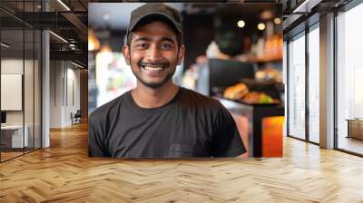 Indian smiling burger chef making smash burger wearing orange apron, black tshirt and black cap hat Wall mural