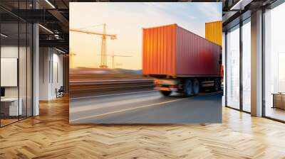 Logistics container truck running on road Wall mural