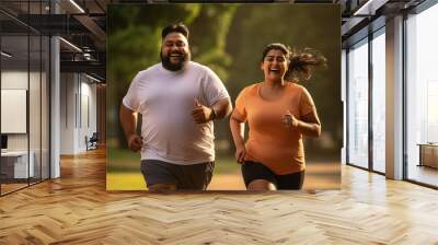 Overweight or fat couple running or jogging together at park Wall mural