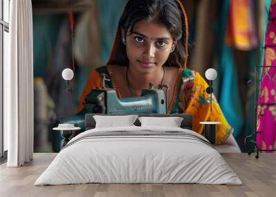 rural indian woman working on sewing machine Wall mural